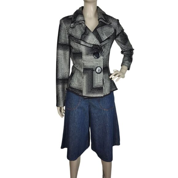 Joseph Ribkoff Chevron Print Black & Silver Tiered High Collar Peplum Jacket - Picture 4 of 14